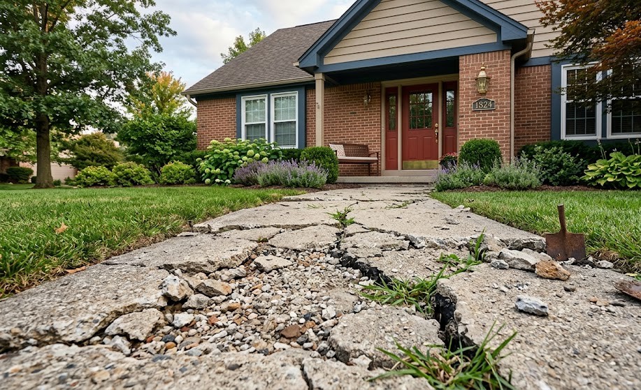 Damaged concrete walkway repair and concrete sidewalk installation in Washington County