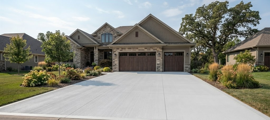 Freshly poured concrete three-car garage floor and driveway installation by Washington County Concrete