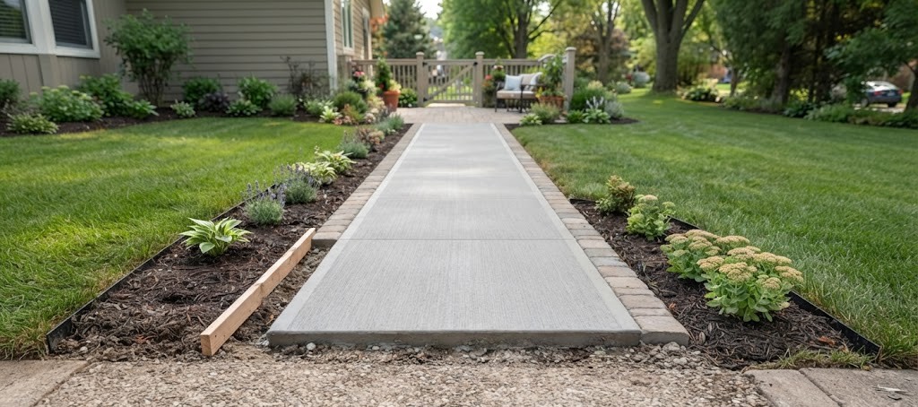 New concrete walkway installation in a lush garden setting - Washington County Concrete