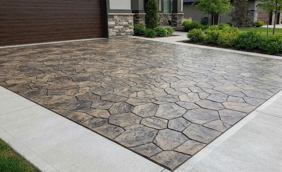 Intricate stamped concrete driveway installation in Washington County